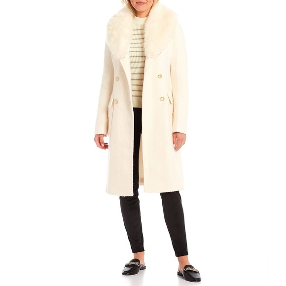 Guess Cream Colored Boucle Wool Double-Breasted Long Coat Faux Fur Shawl Collar - Picture 6 of 12